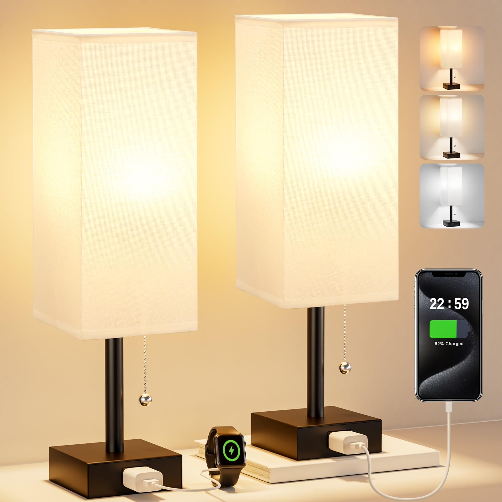 Fenmzee white bedside lamps set of 2 on a coordinated nightstand