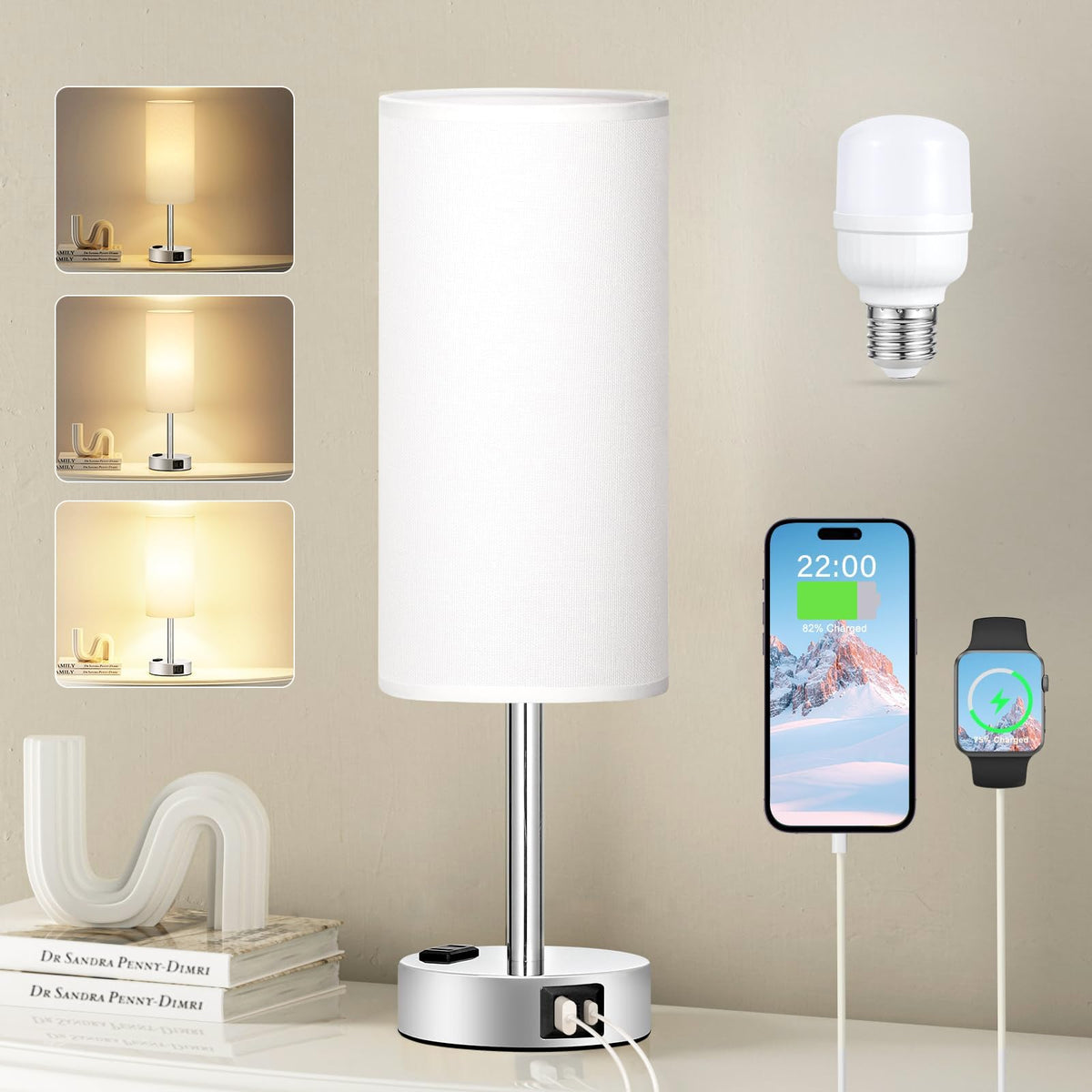 Fenmzee white touch bedside lamp base enables easy dimming for cozy nighttime reading.