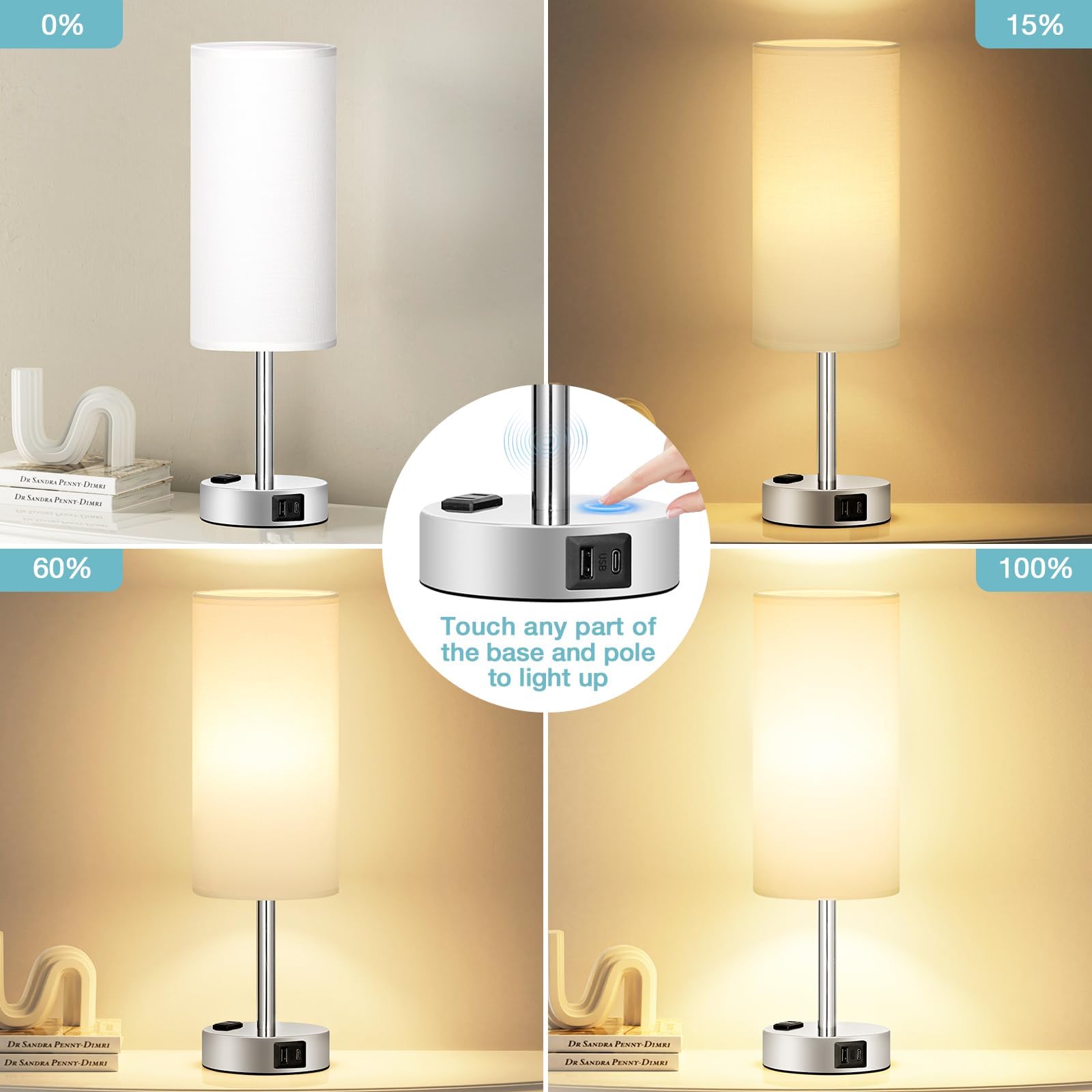 Fenmzee white touch bedside lamp shade with silver base creates soft ambient lighting.