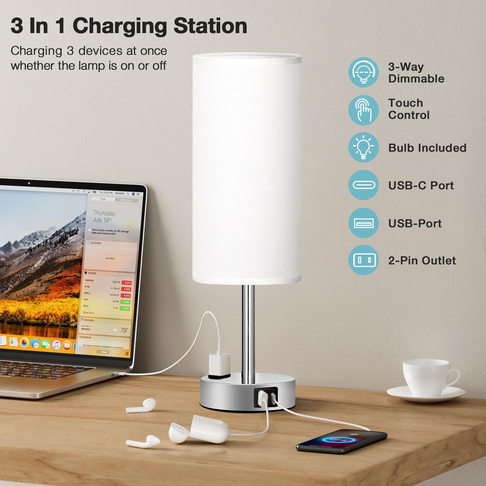 Fenmzee lamp USB-C and USB-A ports for convenient bedside charging.