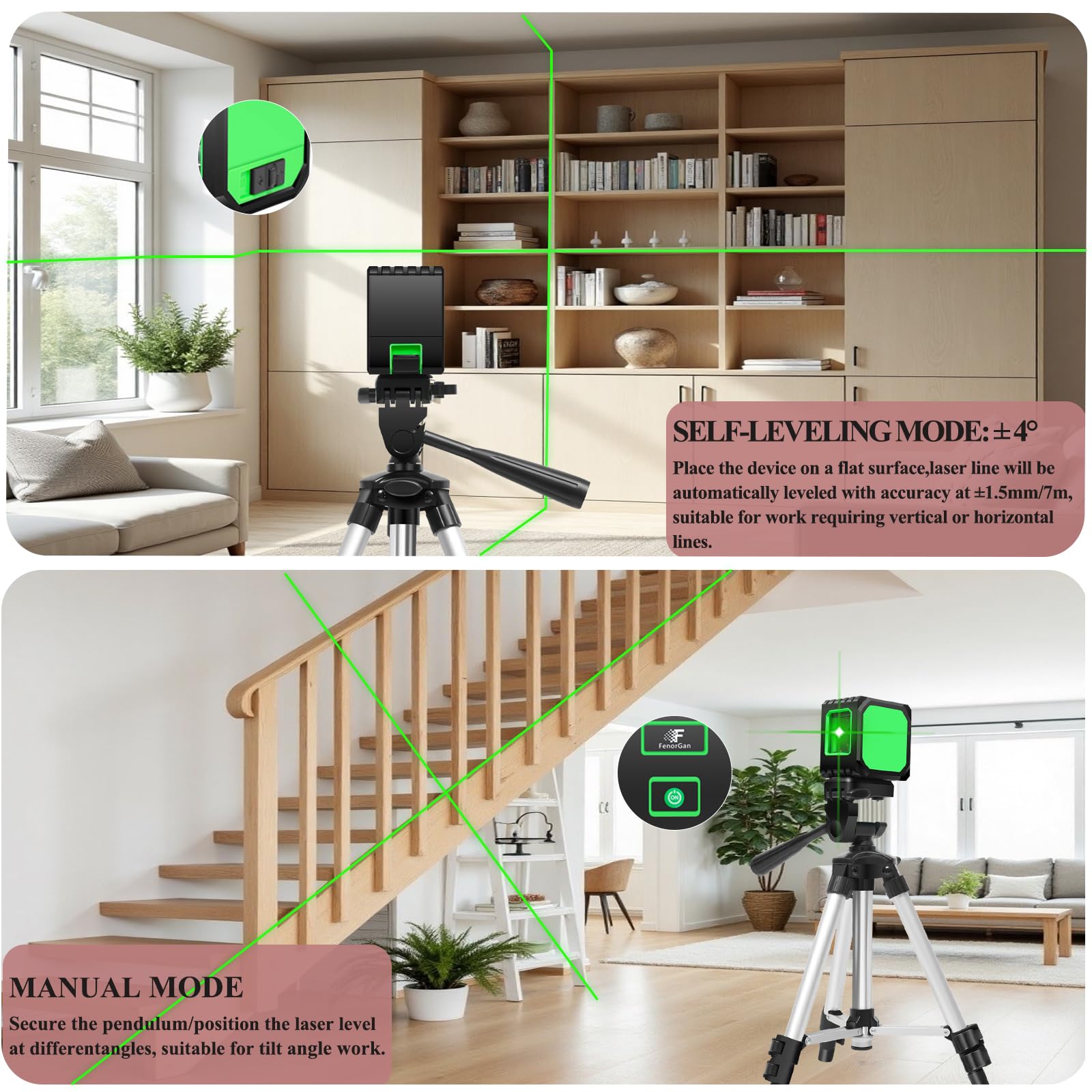 FENORGAN brightness adjustment improves line visibility in bright or dim spaces.