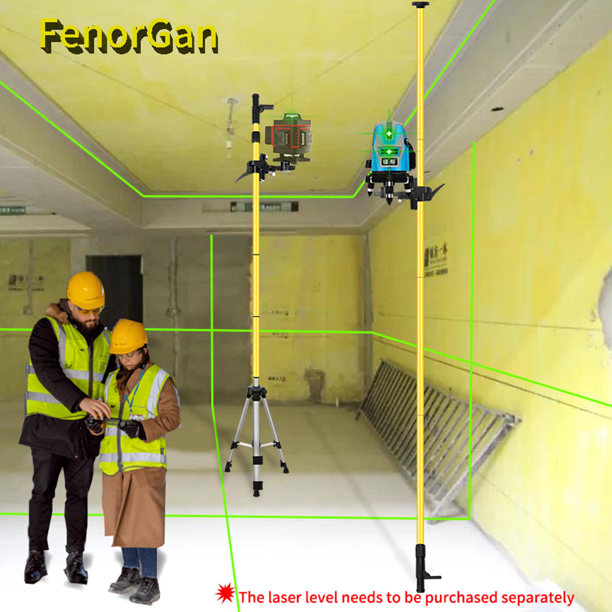 FenorGan laser level pole with tripod showing stable setup on uneven surfaces