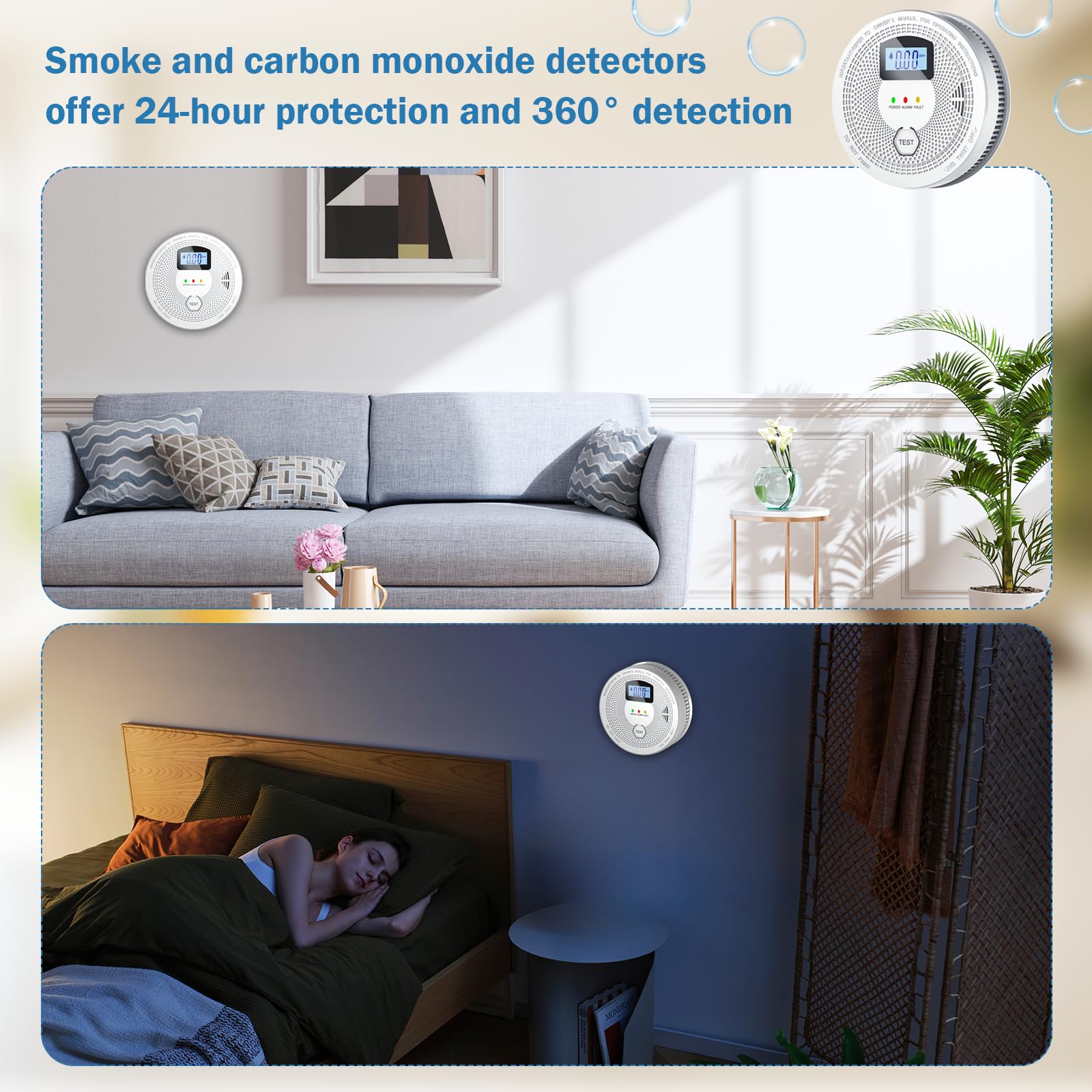 FEODSEW 2-in-1 alarm green LED confirms normal operation