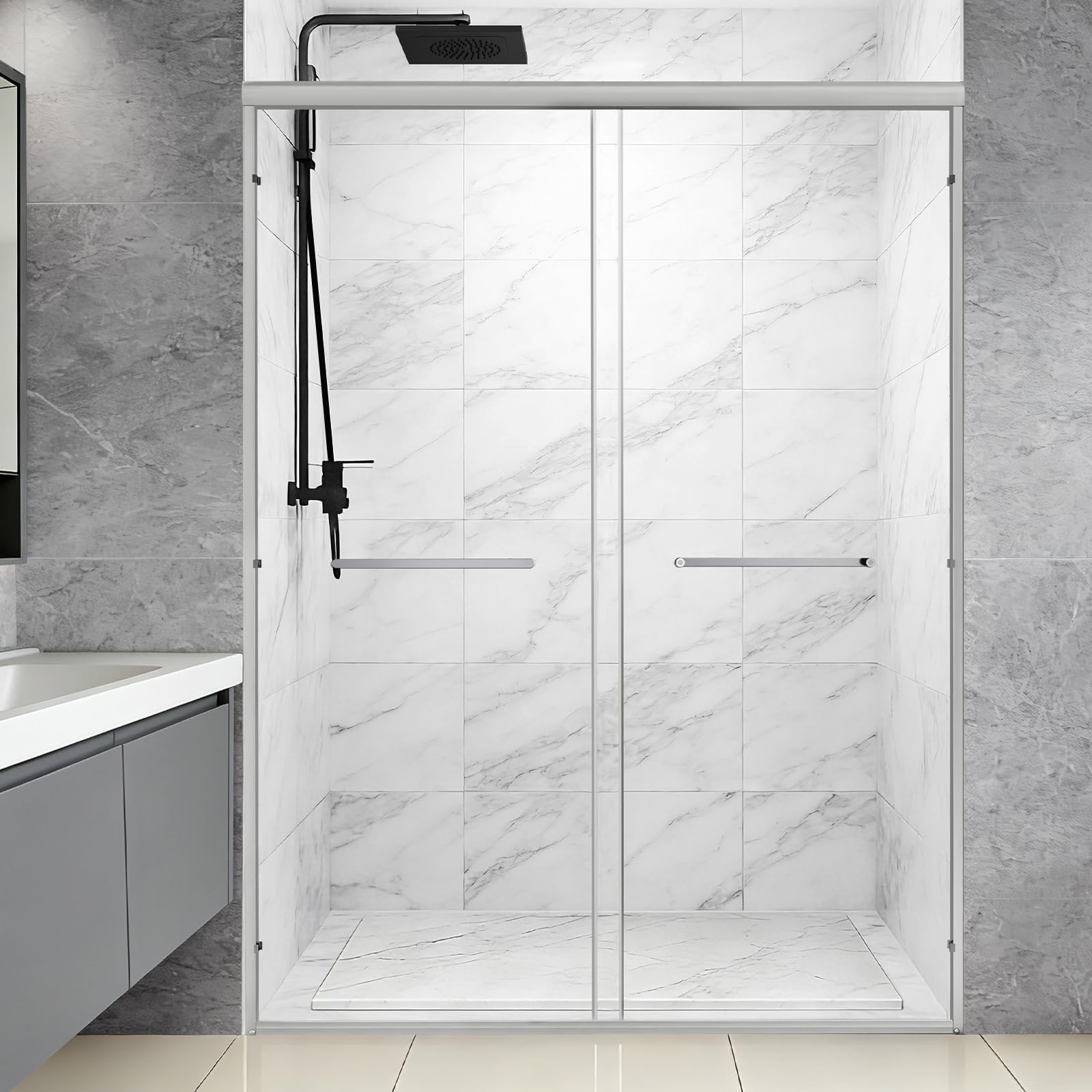 FERNSECY brushed-nickel hardware adds durable, stylish grip on both doors.