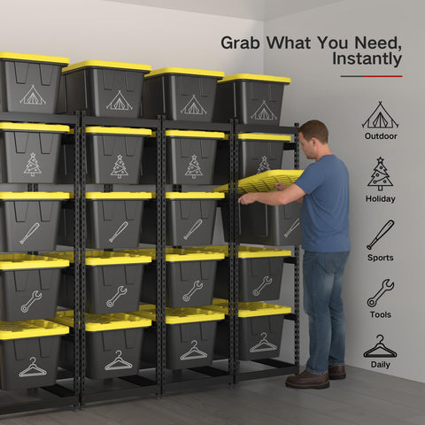 FERO 27-gallon tote storage rack dimensions showing compact footprint and tall capacity