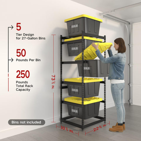 FERO 27-gallon tote storage rack front view with accessible, spacious shelves