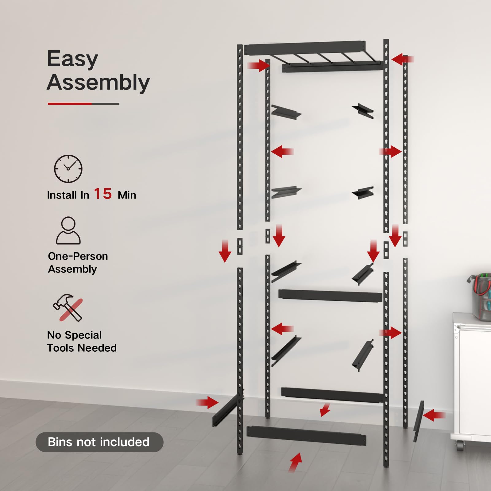 FERO garage use scenario showing organized tools and bins