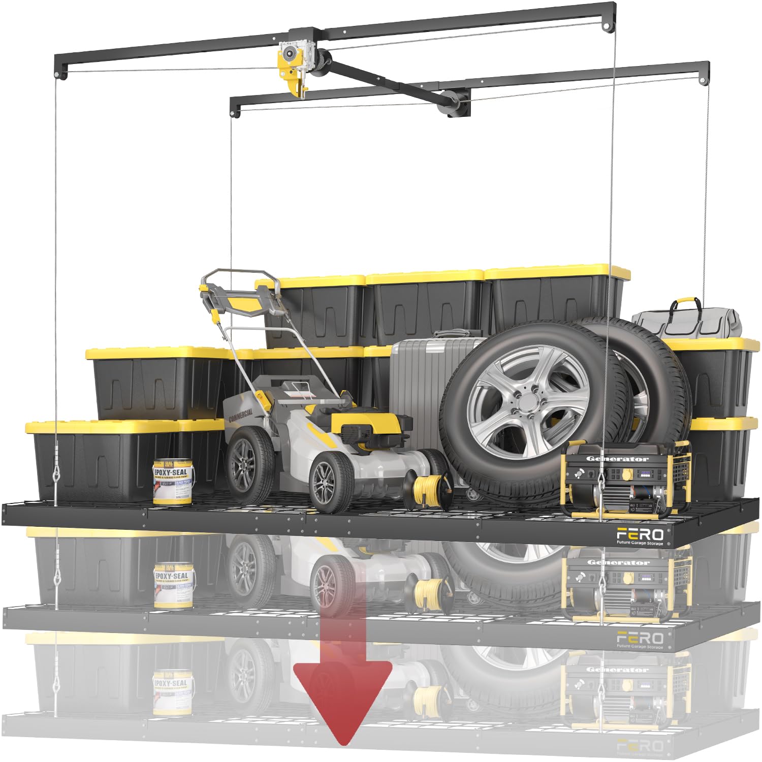 FERO garage ceiling storage rack overhead frame for space optimization.