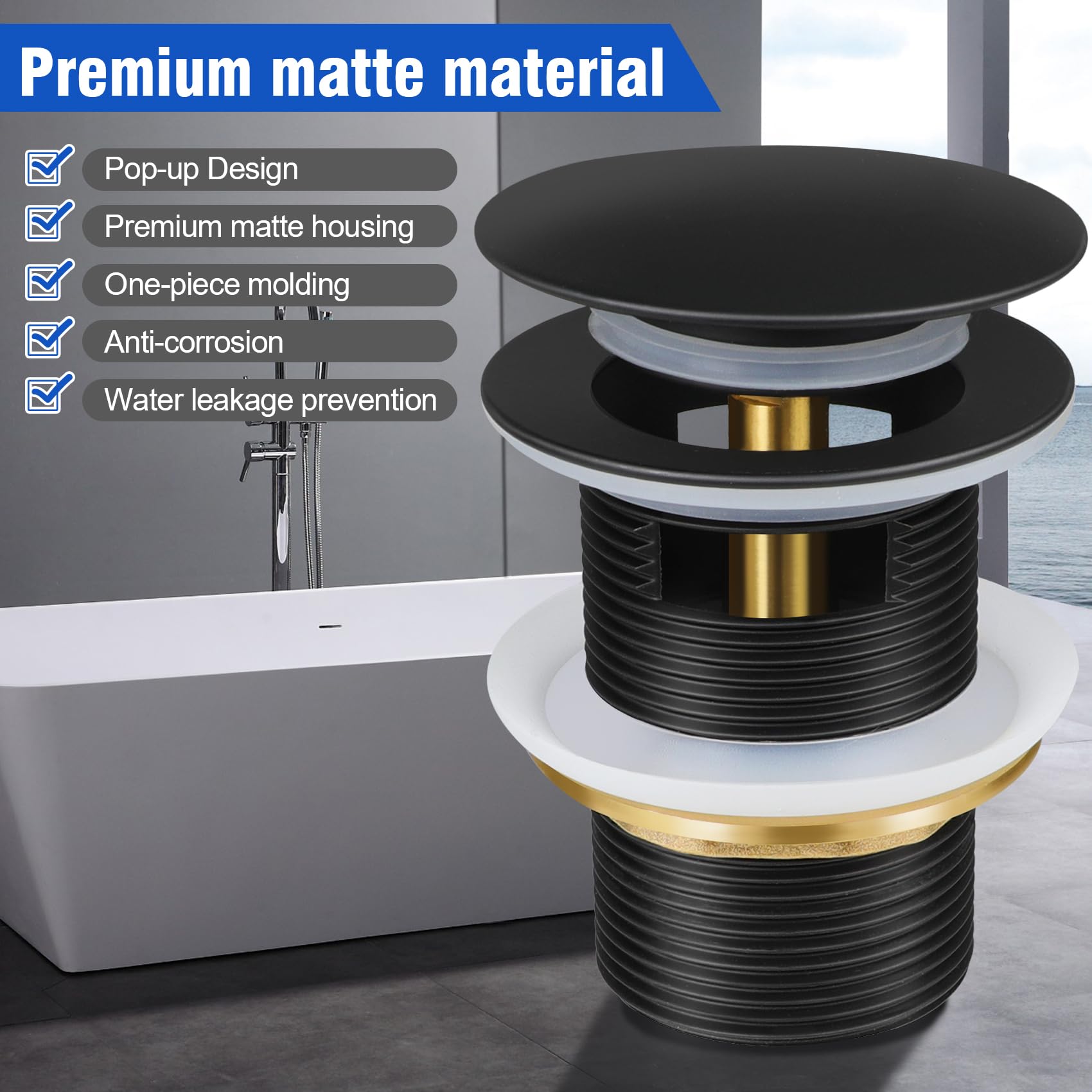 FERUERW pop-up drain kit easy-use view emphasizing simple press-to-close and drain action