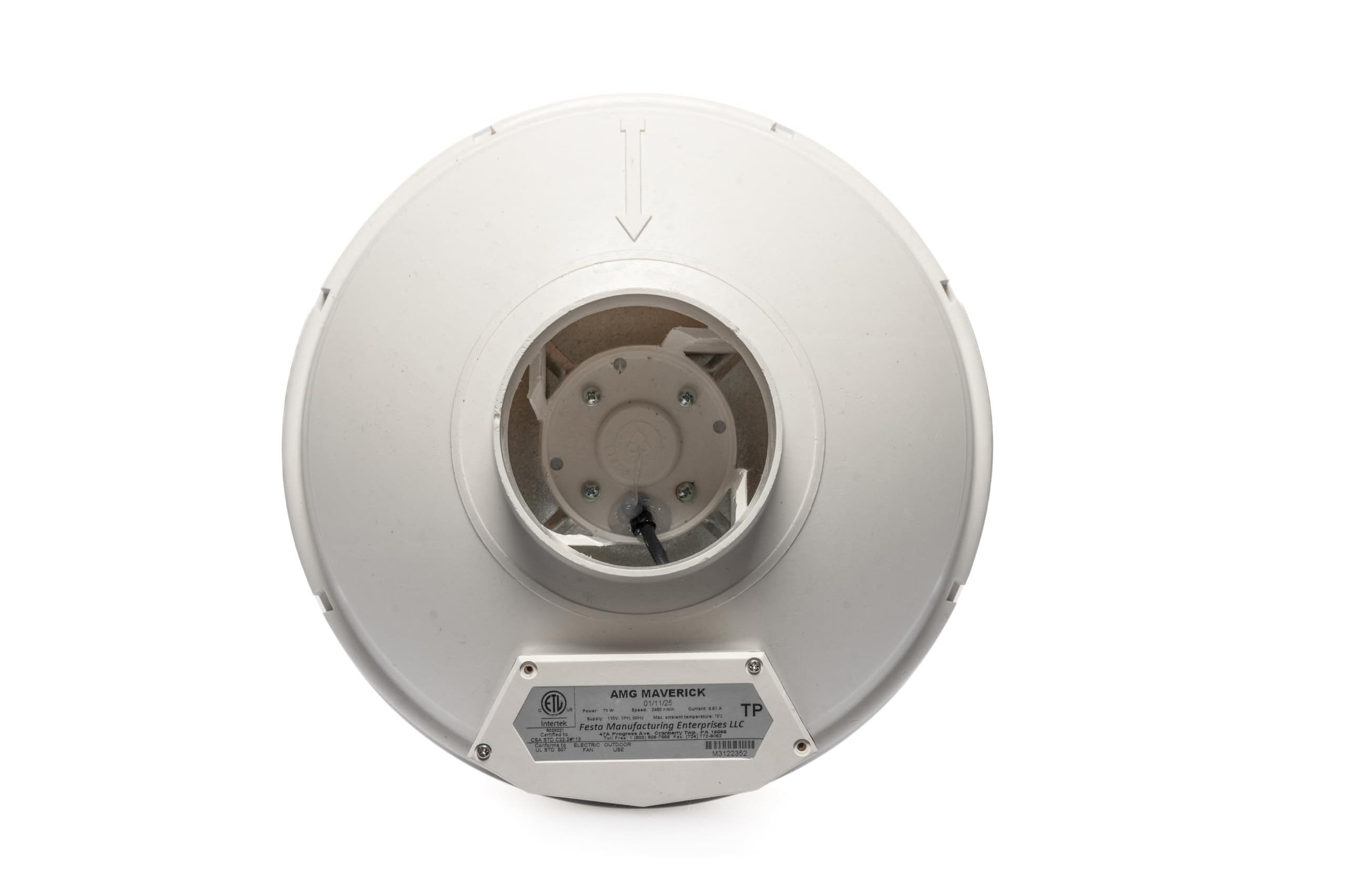 Festa AMG Maverick Radon Fan showing 260 CFM performance rating