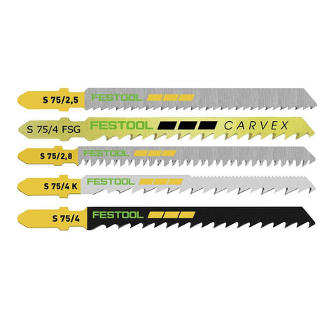 Festool 204275 jigsaw blade assortment box with varied blades for versatile wood cutting.
