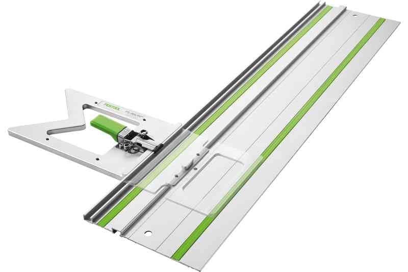 Close-up shows guide rail alignment using Festool 205229 for straight edges
