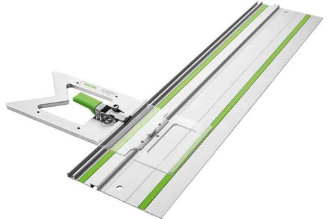 Close-up shows guide rail alignment using Festool 205229 for straight edges