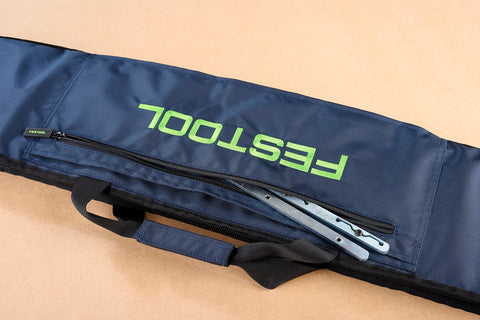 Festool carrying case shoulder-strap illustrates easy on-site carrying.