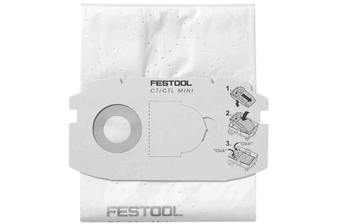 Festool CT MINI self-cleaning filter bag 5-pack maintains suction with mess-free disposal.