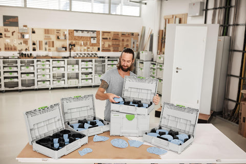 Festool Garnet discs stored in SYS3 M 112 for on-site transport.
