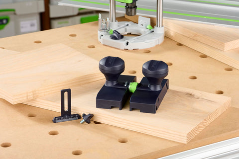 Festool guide stop quick-attach rods for fast setup.