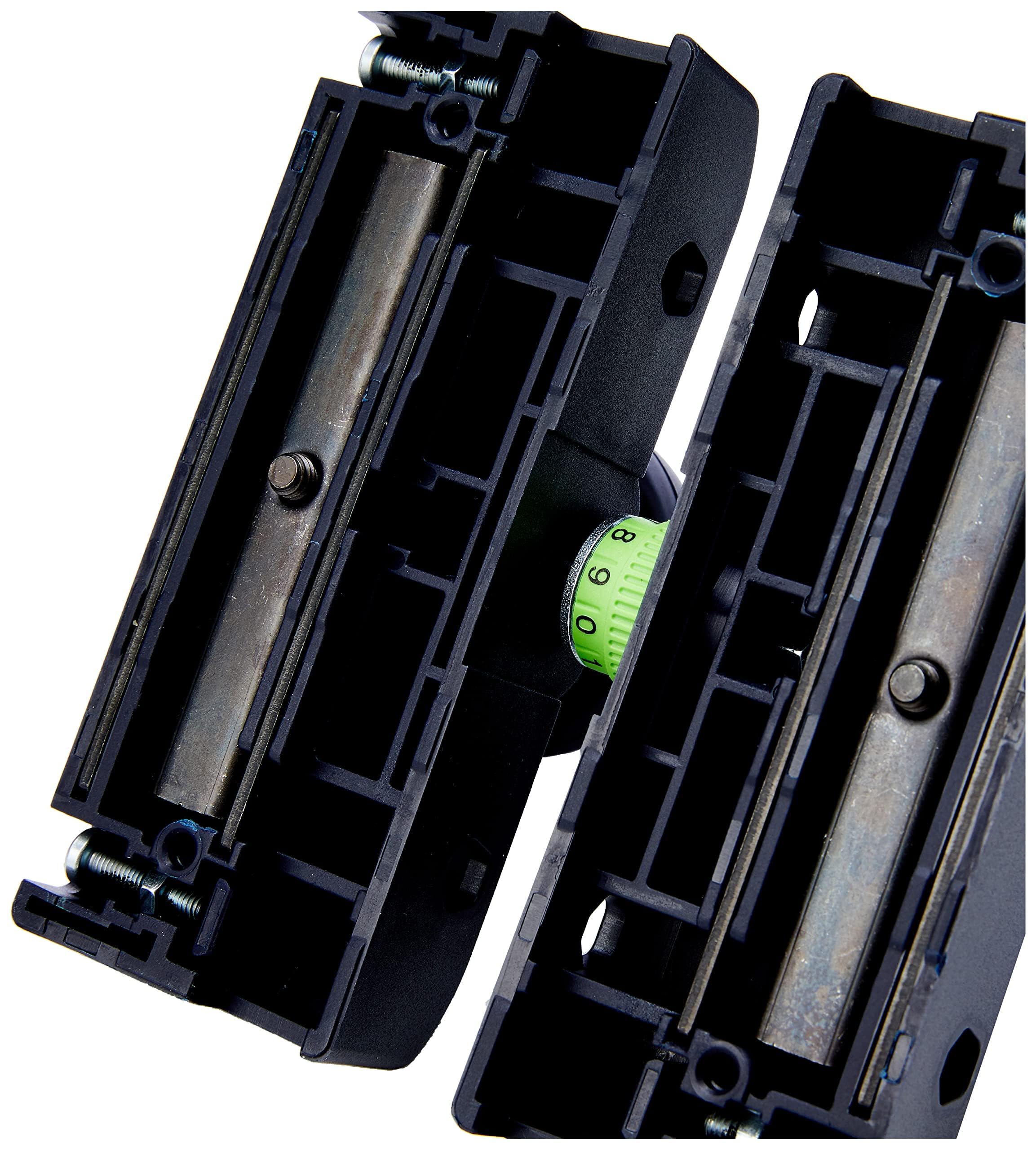 Festool guide stop fine-adjustment controls allow 0.1 mm distance changes.