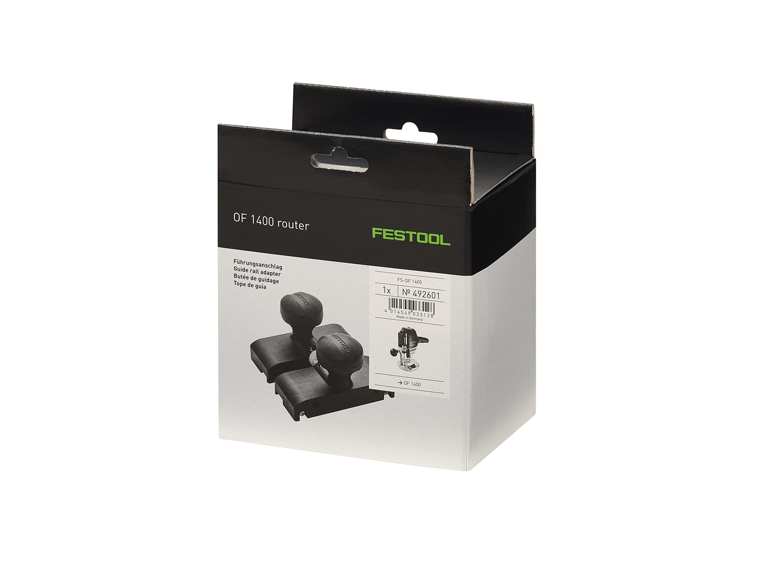 Festool guide stop with leveling foot stabilizes router on the rail surface.