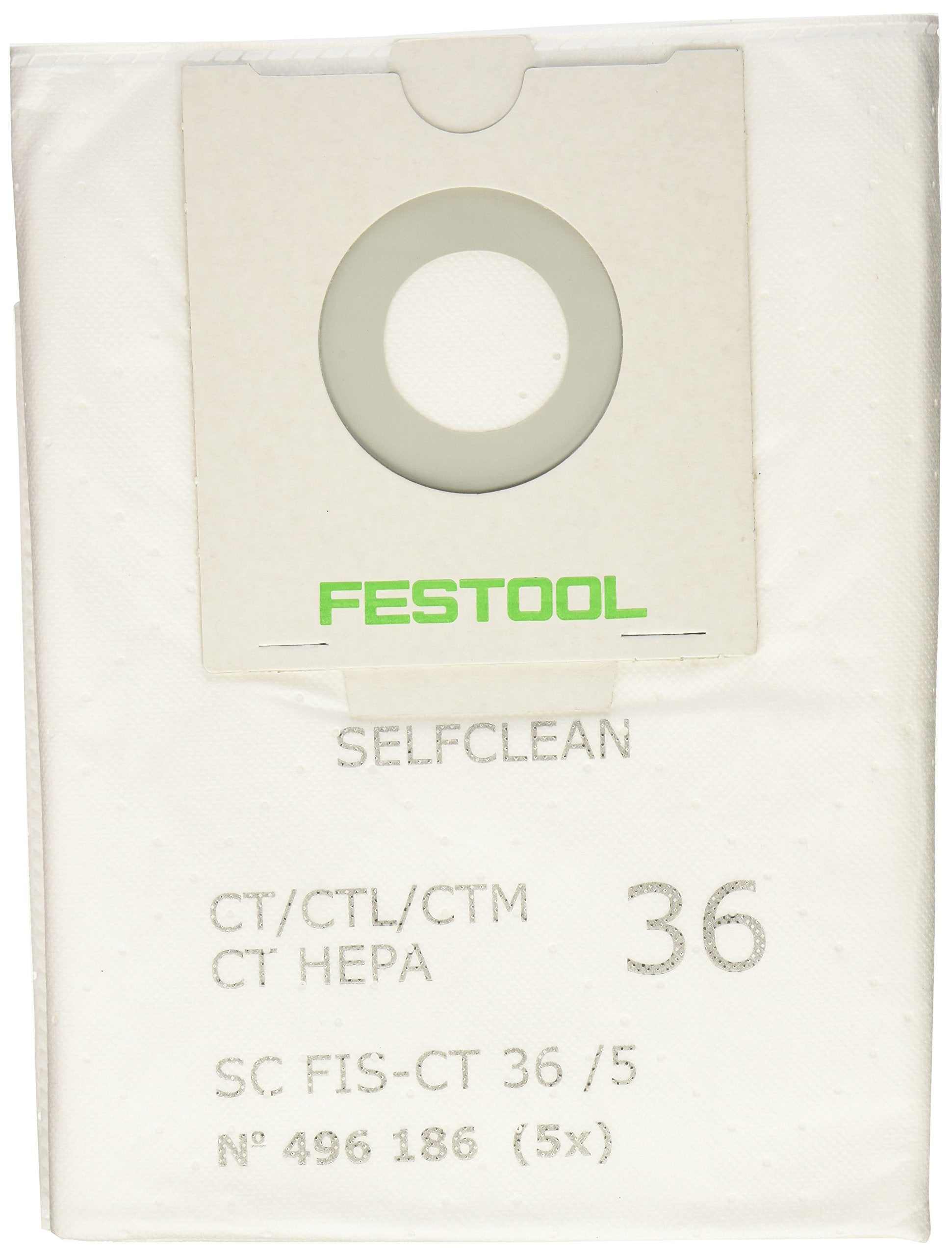 Festool SELFCLEAN bag for CT 36 showing self-cleaning design that maintains strong suction.
