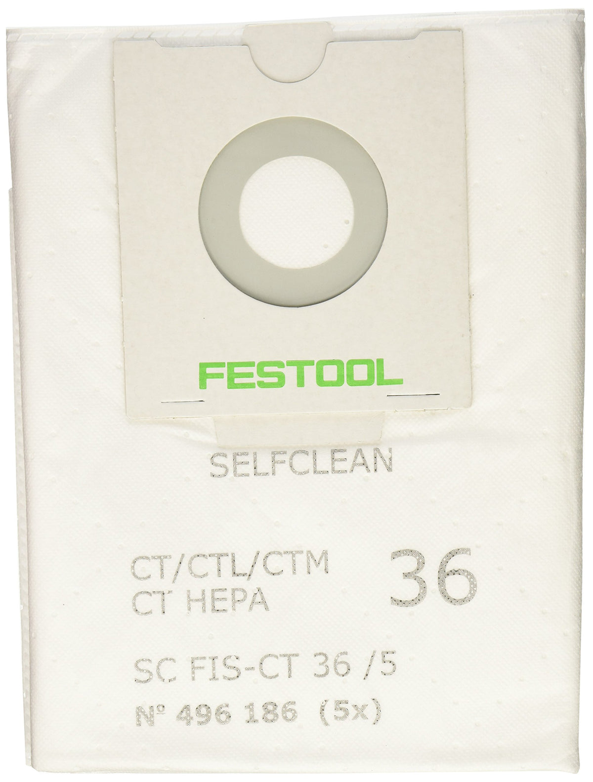 Festool SELFCLEAN bag for CT 36 showing self-cleaning design that maintains strong suction.