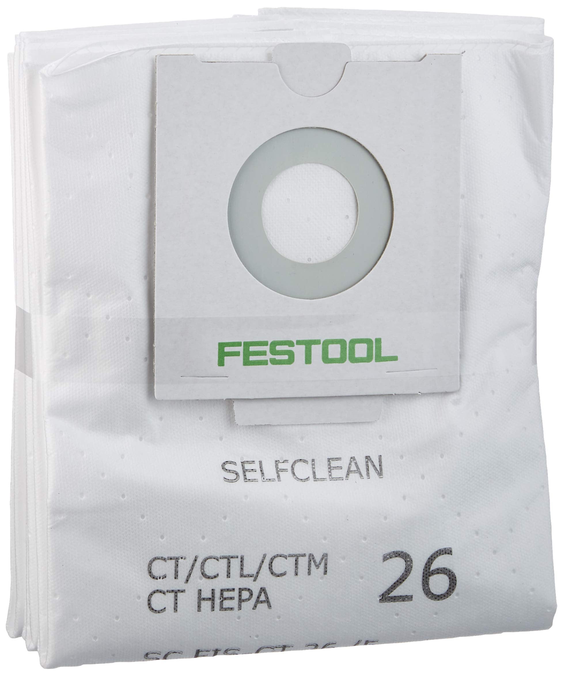 Festool CT 26 self-clean filter bag interior view shows tear-resistant material and dust containment.