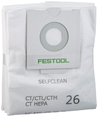 Festool CT 26 self-clean filter bag interior view shows tear-resistant material and dust containment.