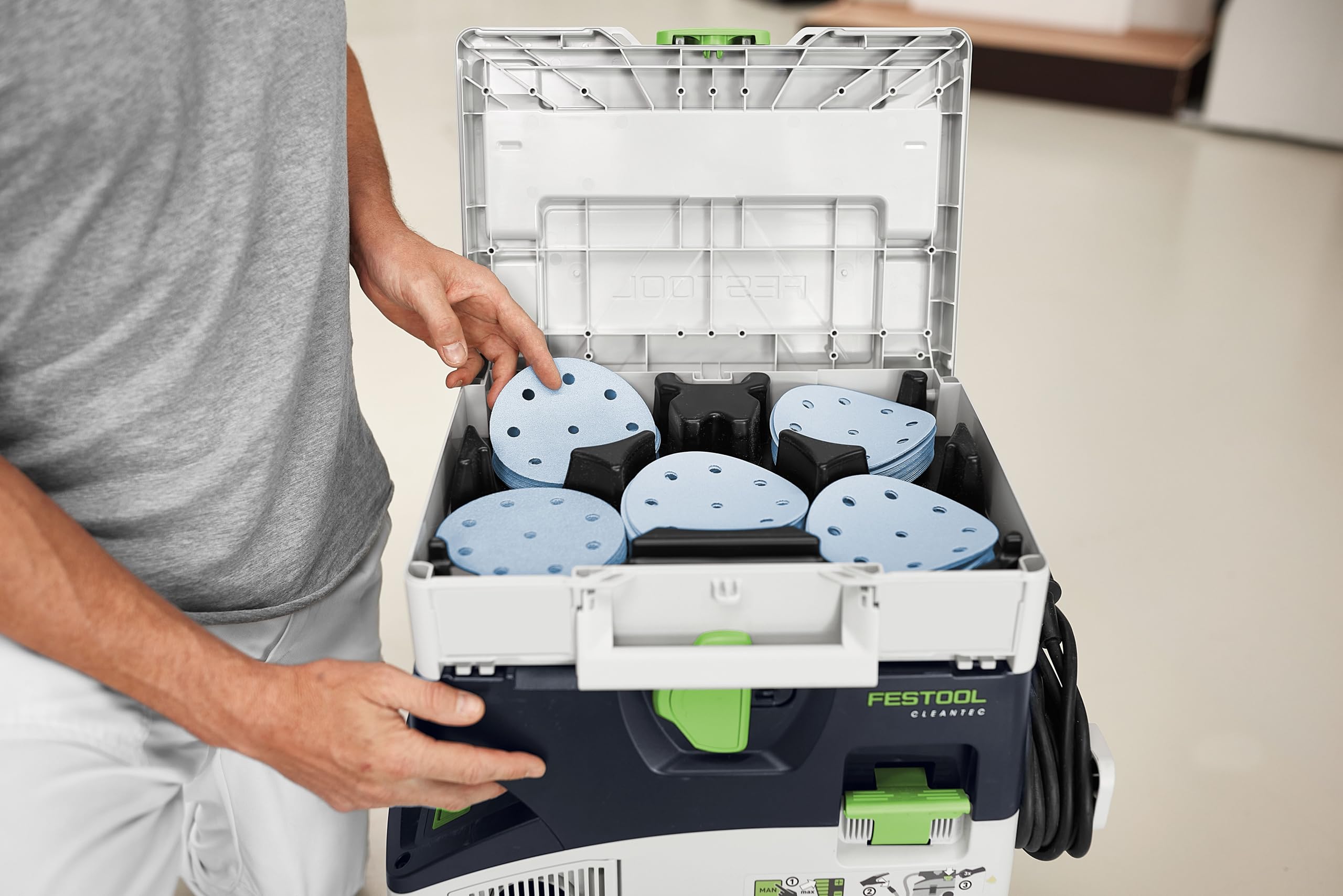 Festool Systainer for abrasives keeps components organized and protected.