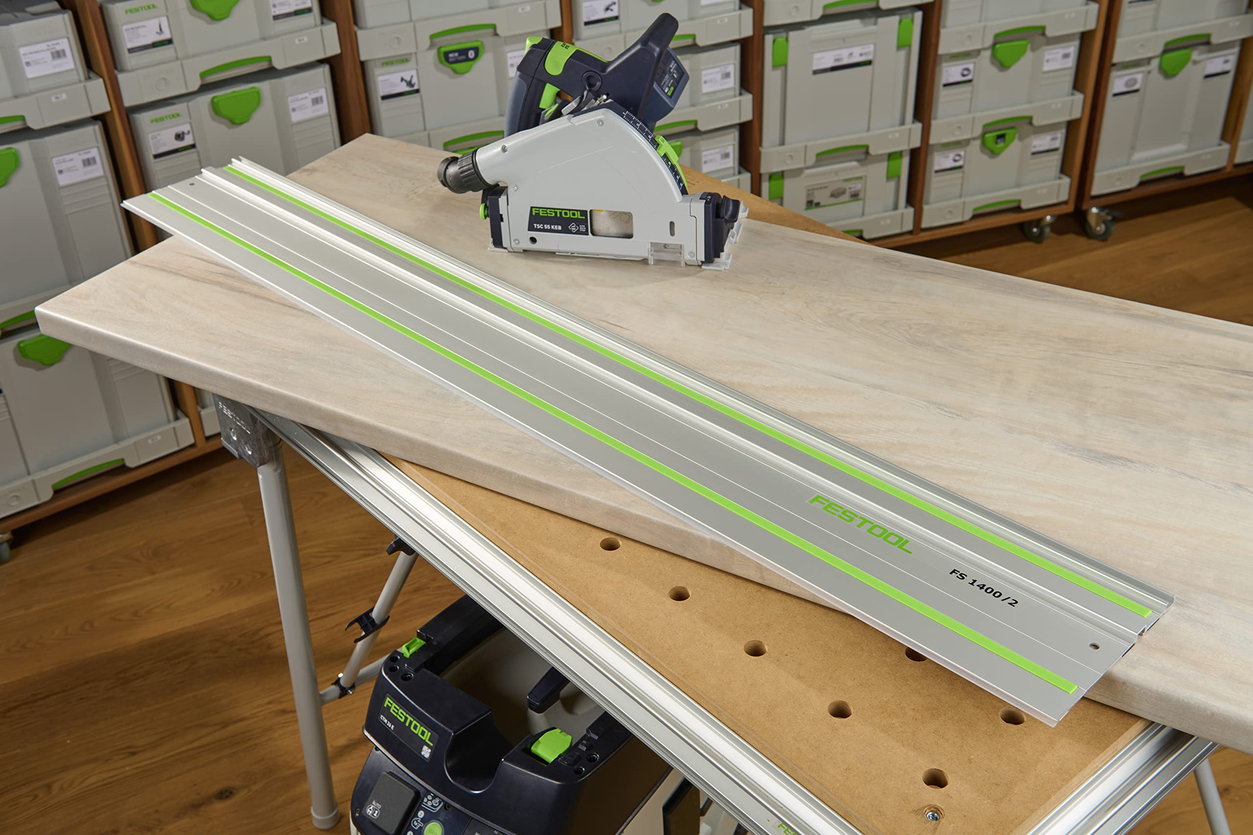 Festool TS plunge saw used with guide rail for precision