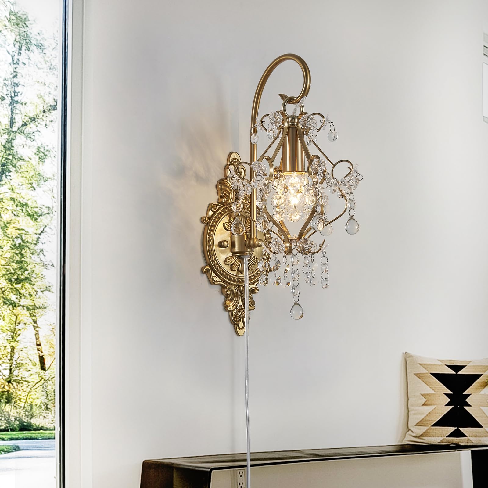 Fetason Gold Crystal Wall Sconce in a bedroom setting for warm lighting.