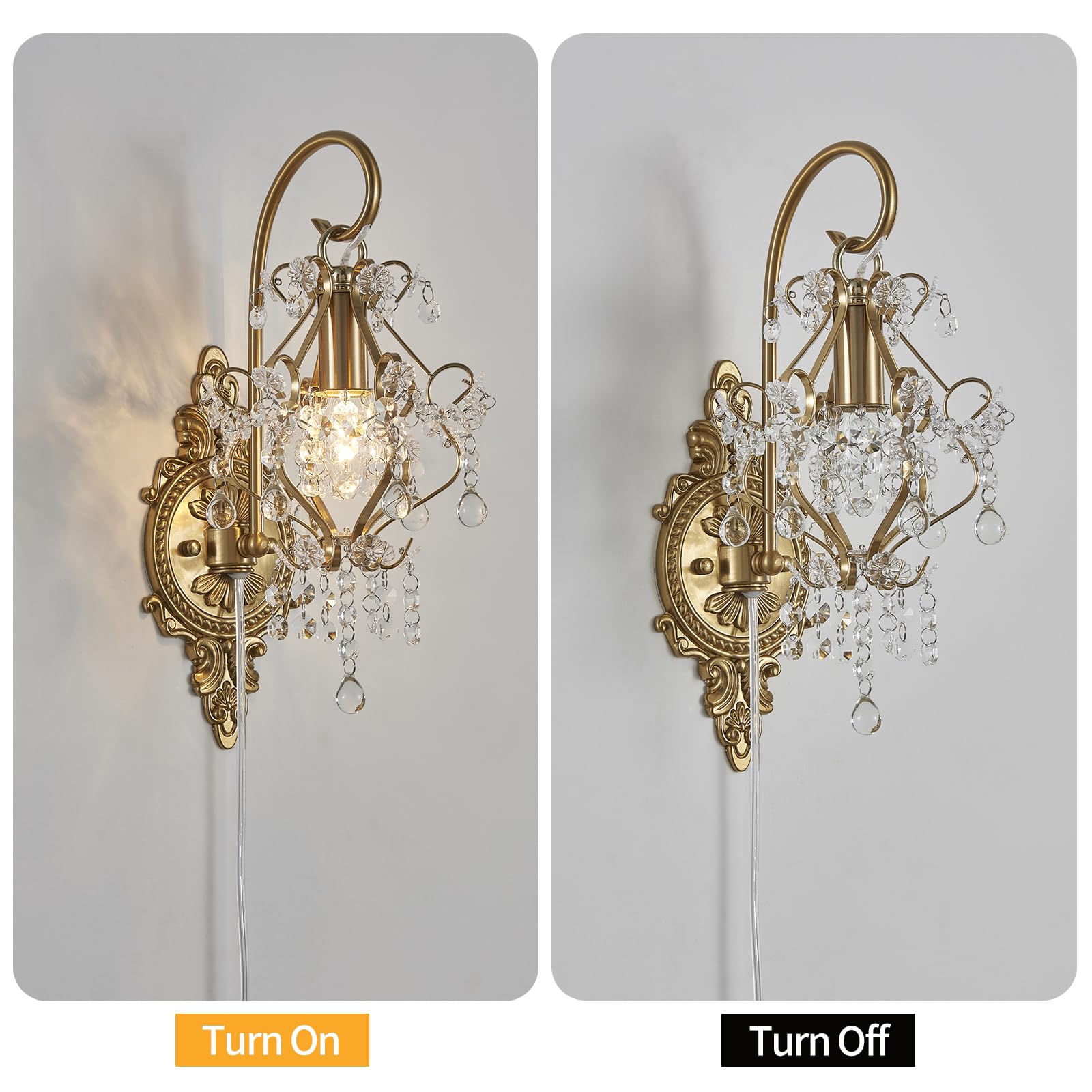 Fetason Gold Crystal Wall Sconce copper-plated iron body with brass-like tone.