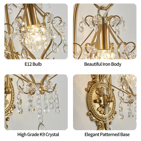 Fetason Gold Crystal Wall Sconce LED-ready design for energy efficiency.