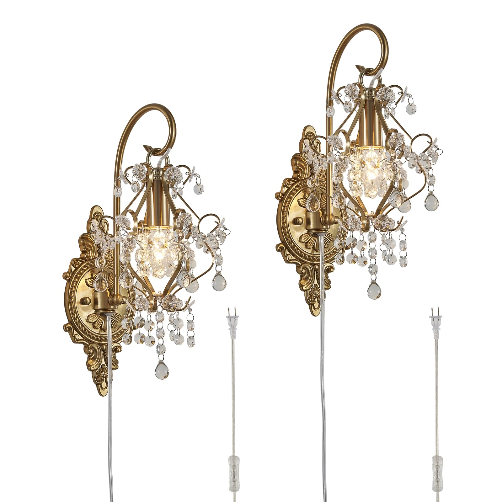 Fetason Gold Crystal Wall Sconce left view showing vintage brass-tone finish and sparkle.