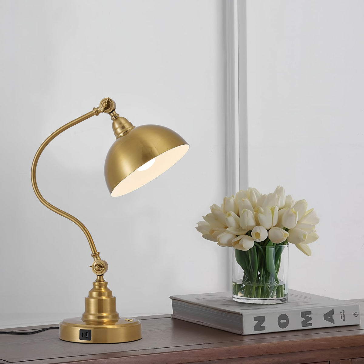 Fetason Vintage Brass Desk Lamp angle highlights adjustable lighting for any task.