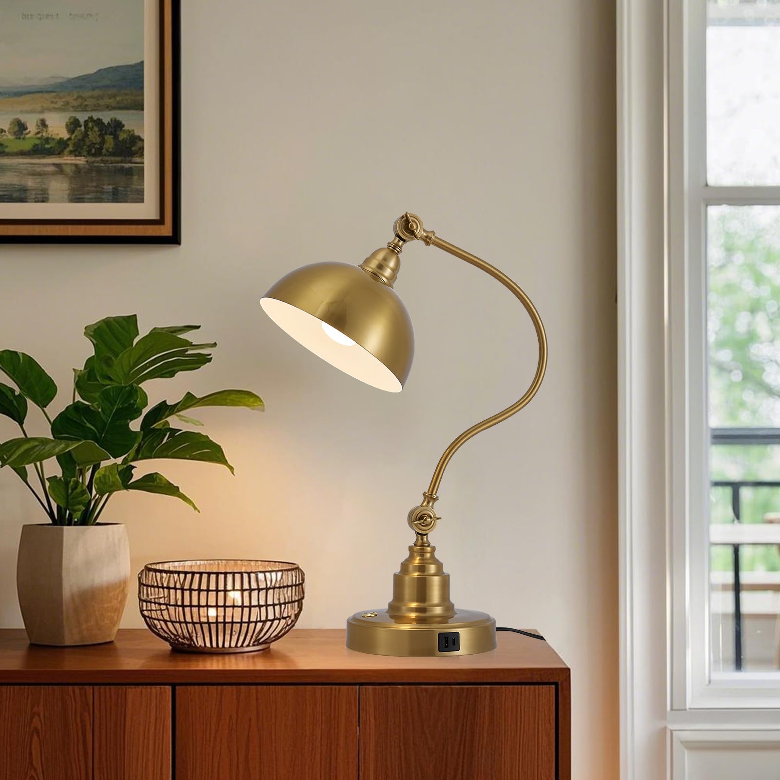 Fetason Vintage Brass Desk Lamp ideal for home office or living room.