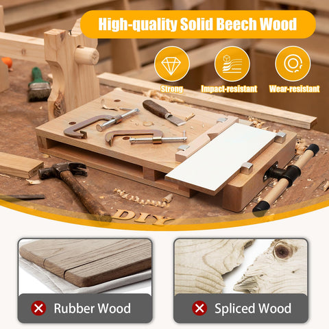 Fetcoi 4-dog vise with clips demonstrated on workbench for extra holding power