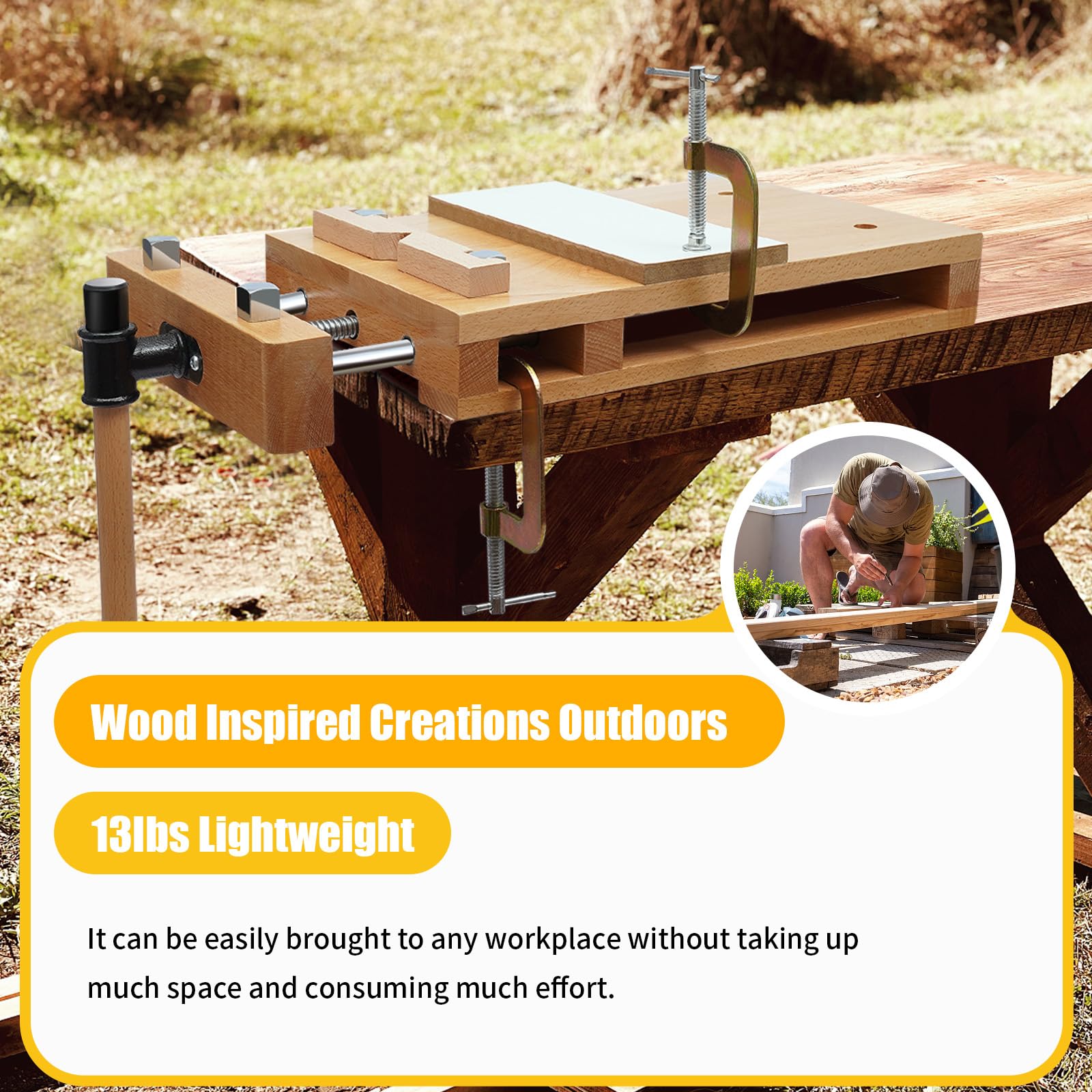 Fetcoi wood vise securing boards with four bench dogs for stability
