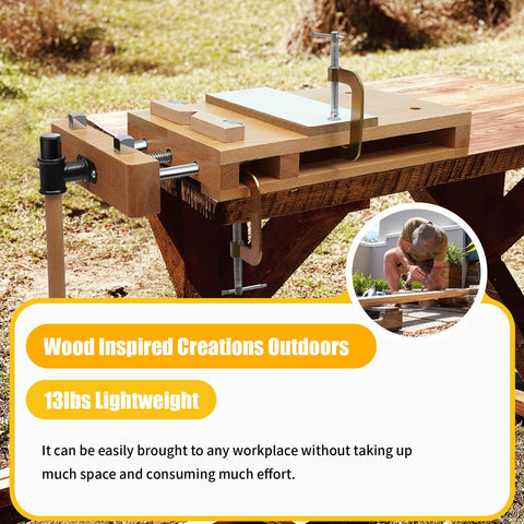 Fetcoi wood vise securing boards with four bench dogs for stability