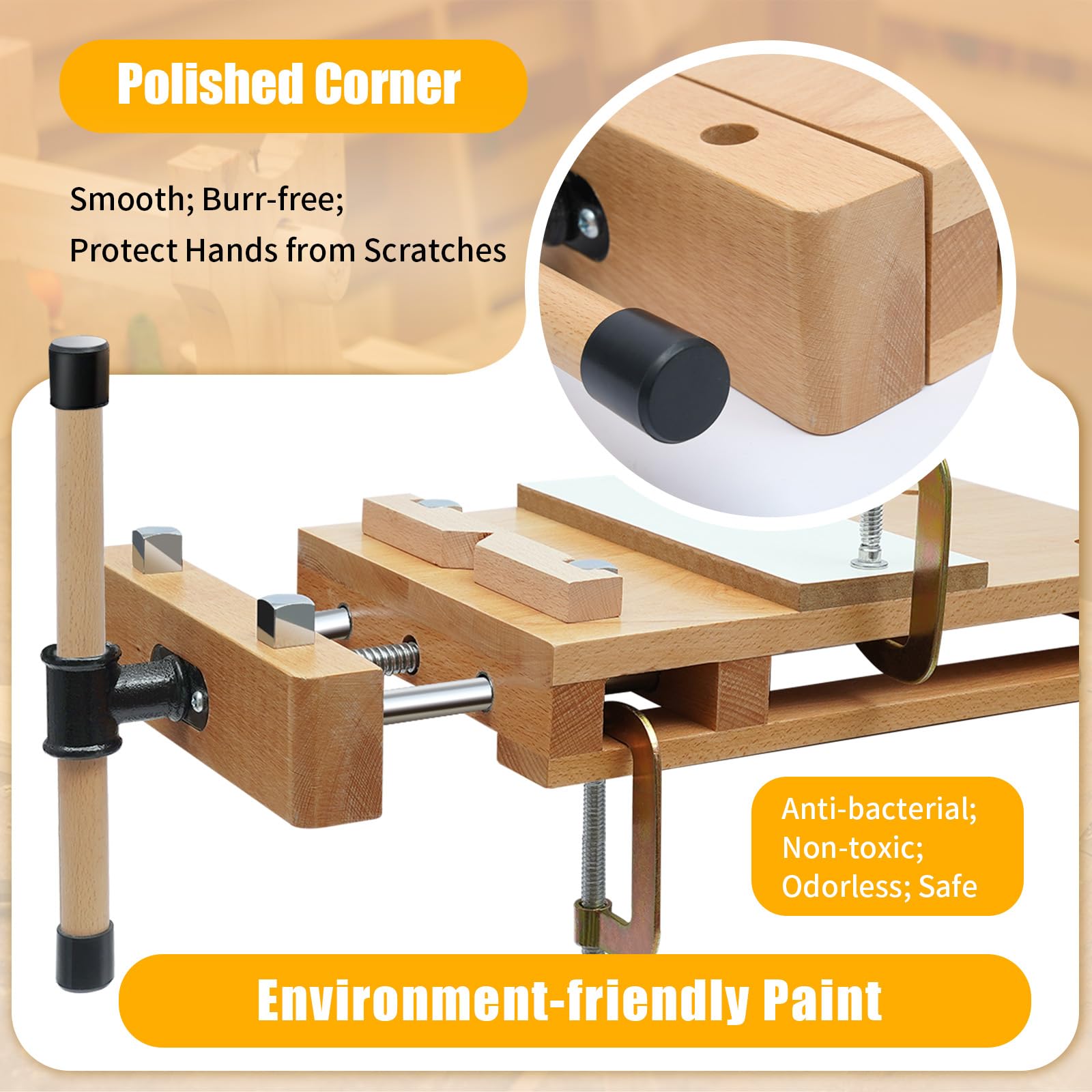 Close-up of Fetcoi beech wood vise surface highlighting natural grain and durability