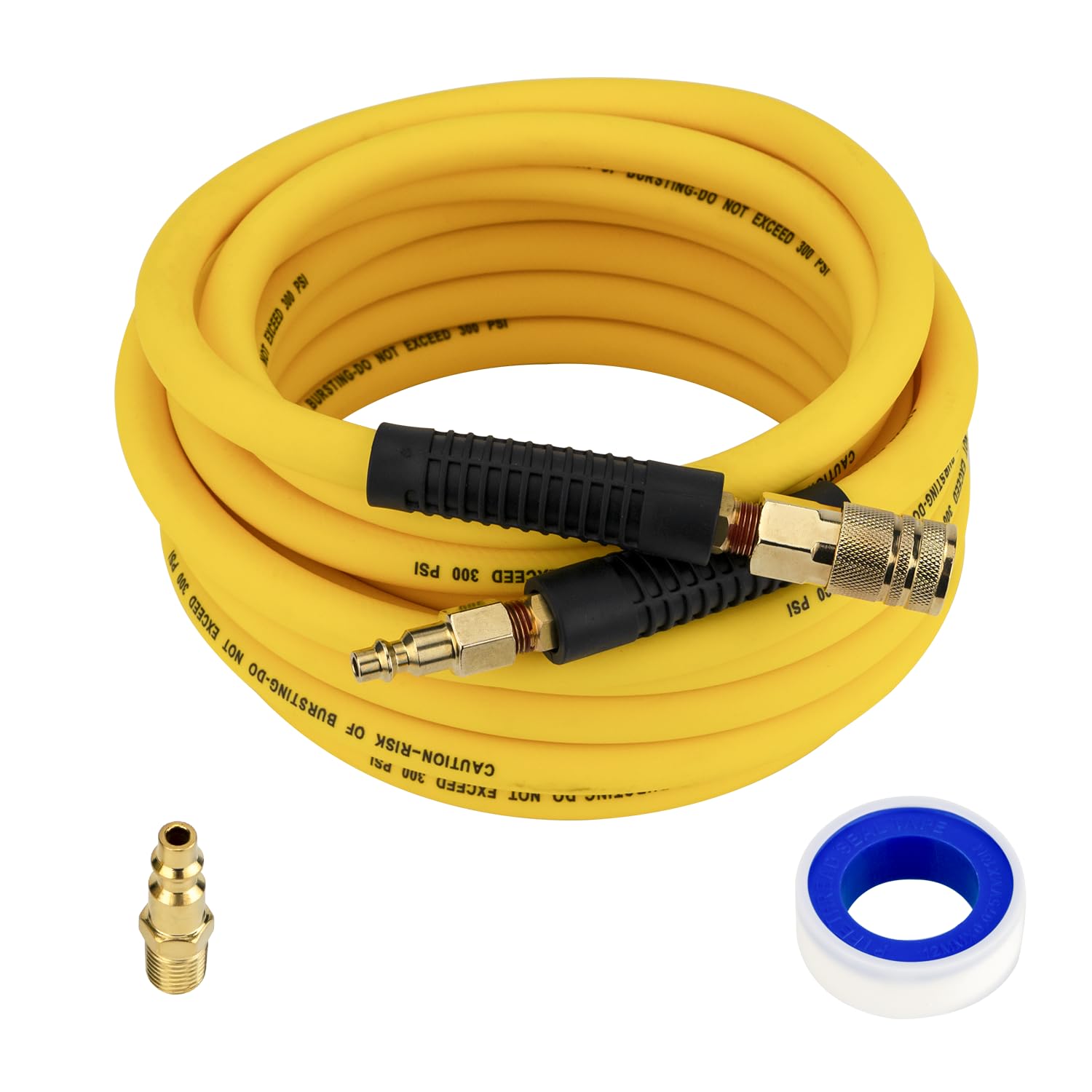 FETIONS Hybrid Air Hose 25ft yellow demonstrates flexibility for garage and workshop tasks.