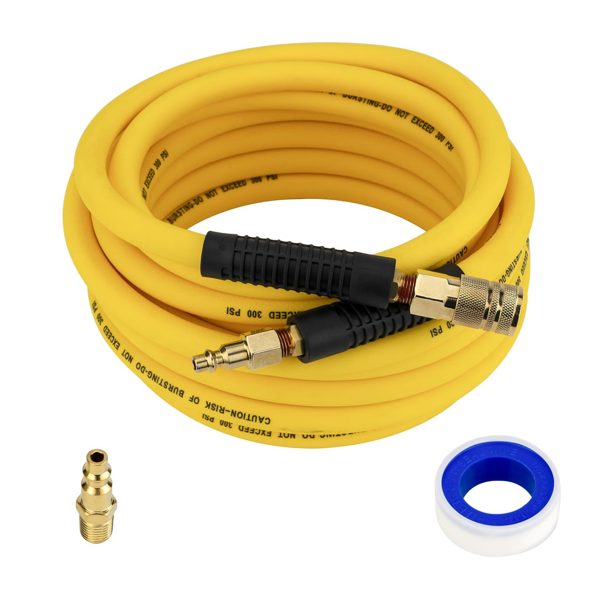 FETIONS Hybrid Air Hose 25ft yellow demonstrates flexibility for garage and workshop tasks.