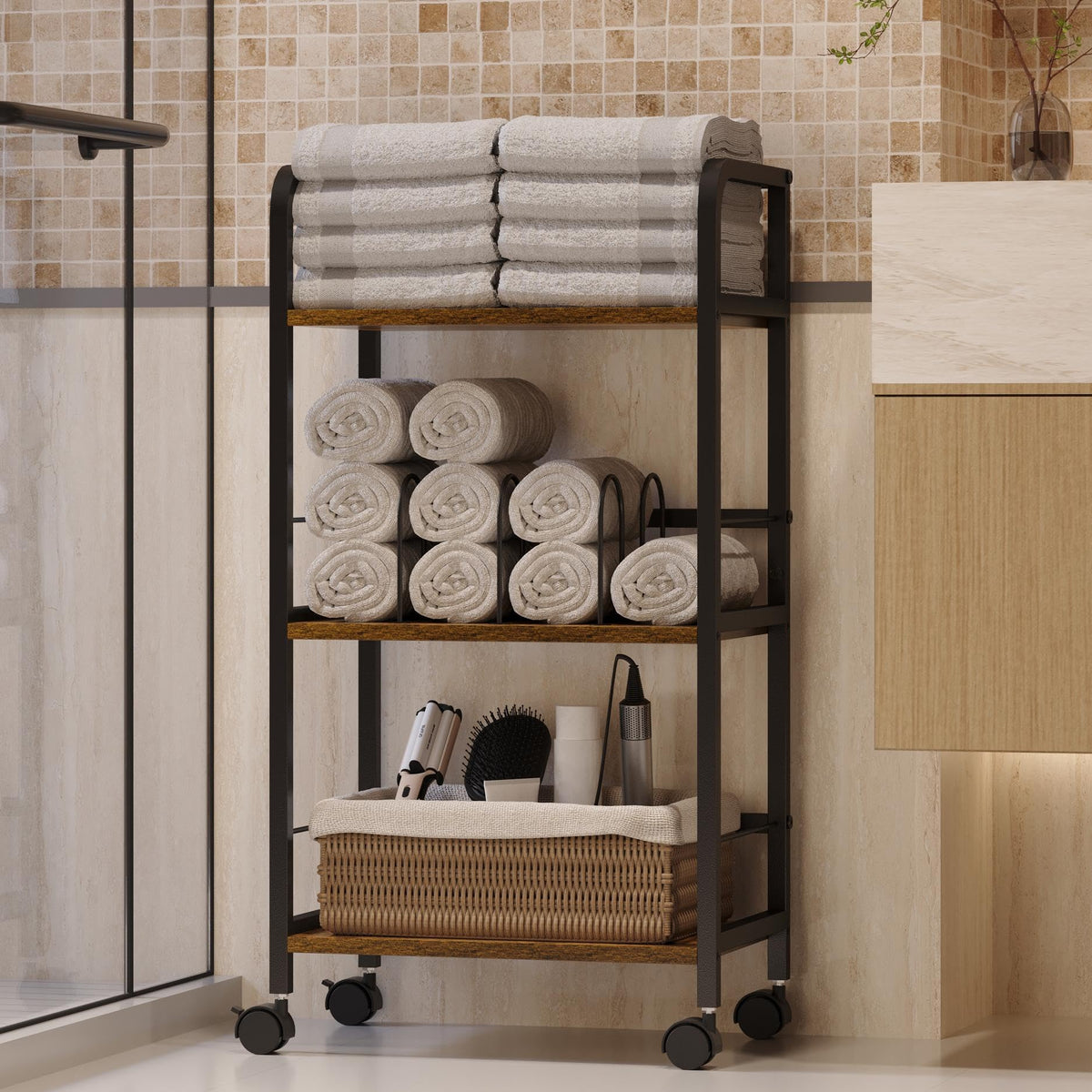 Feyejade 3-tier towel rack side view with wood shelves for organized towels