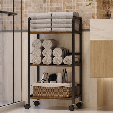 Feyejade 3-tier towel rack side view with wood shelves for organized towels
