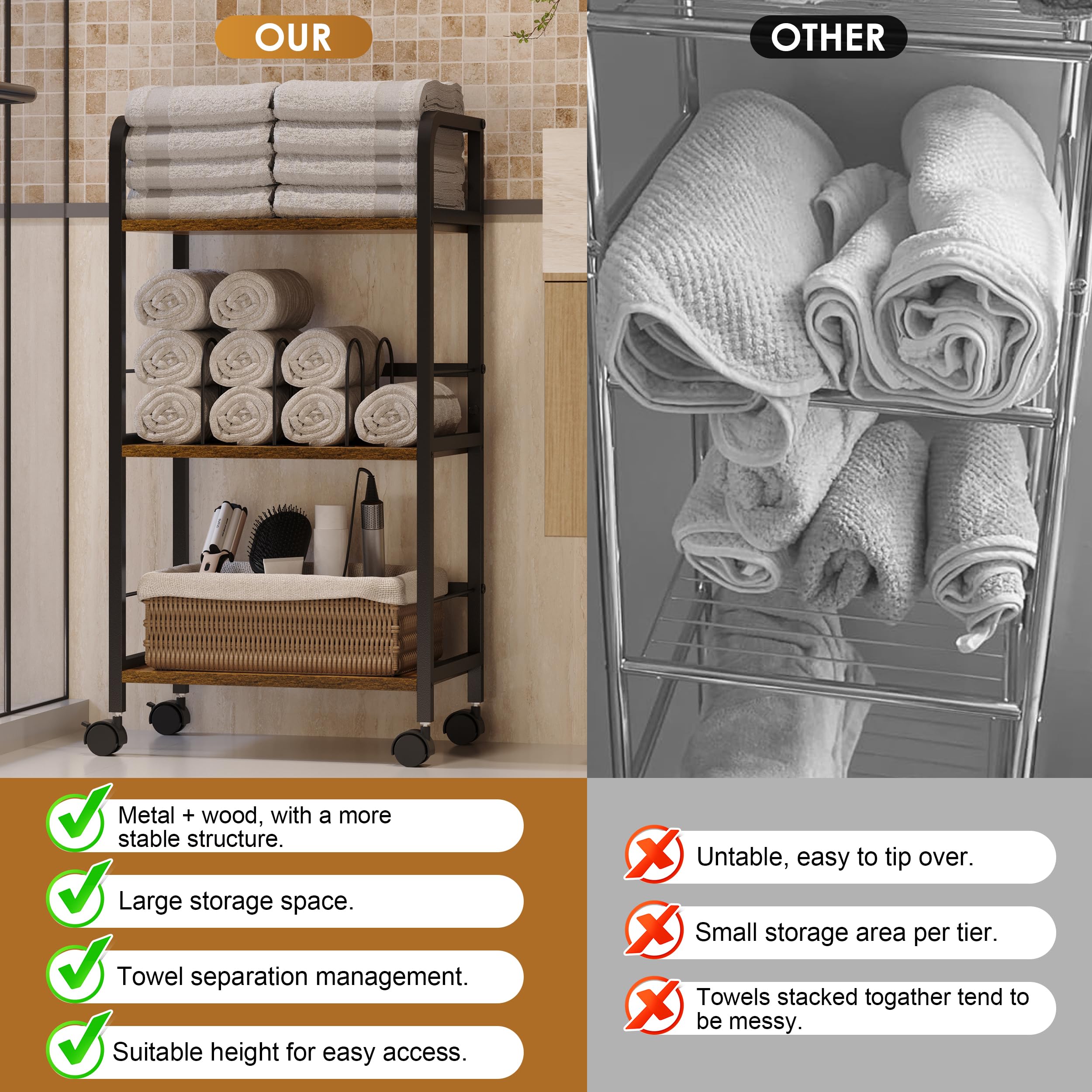 Feyejade wood shelves and iron frame delivering durable bathroom storage