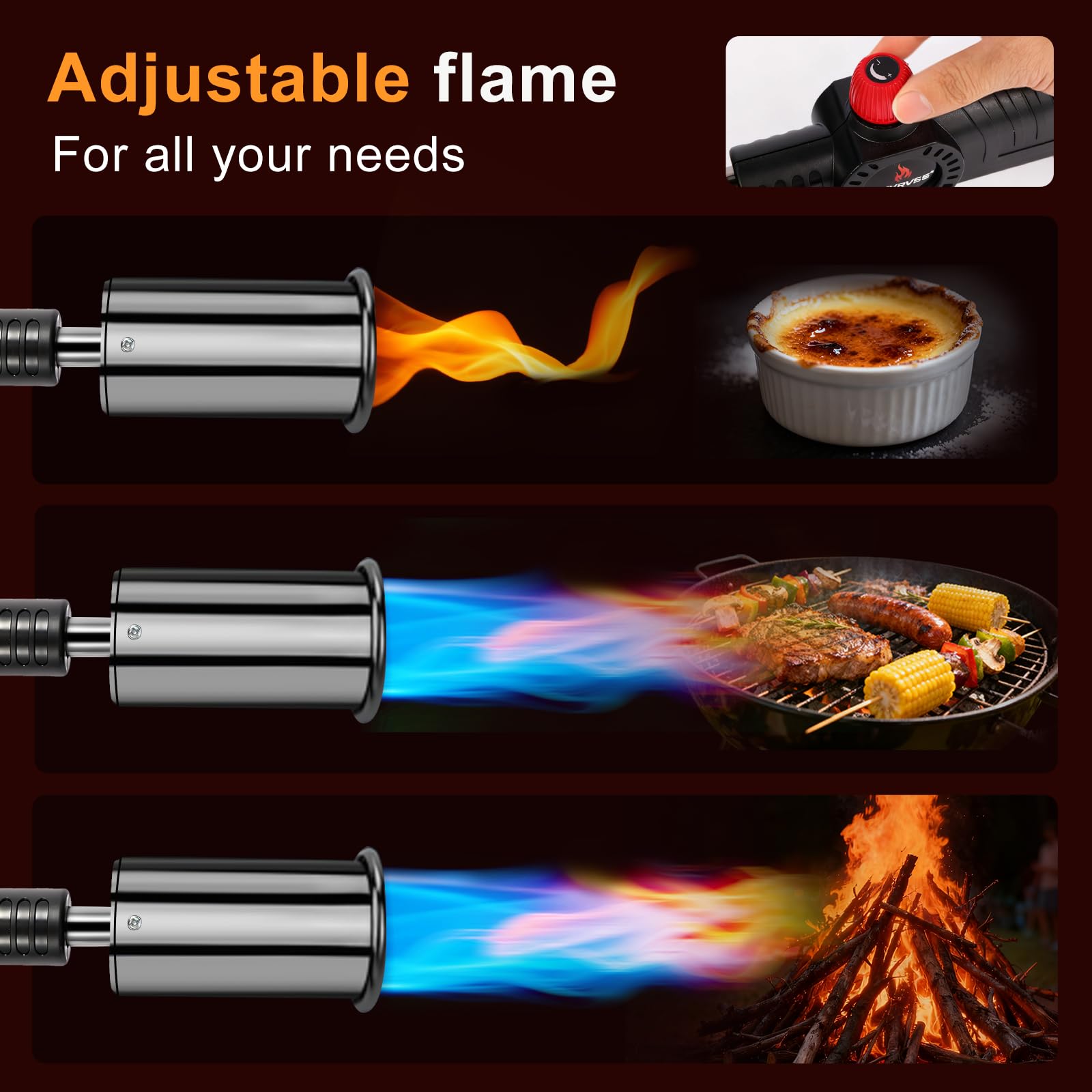 FFVRVSS kitchen torch offers easy flame control for precise cooking.