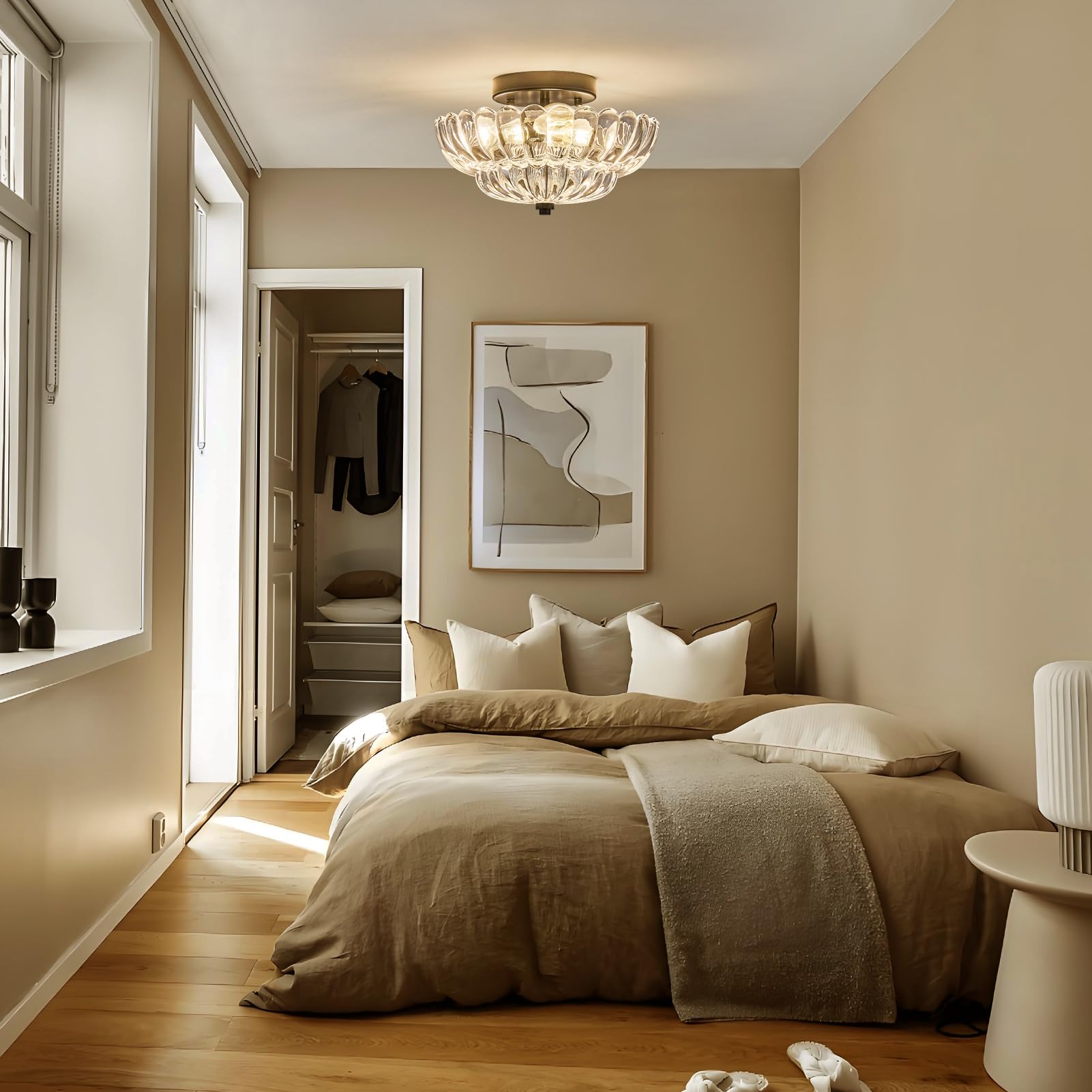 FHKLZCI bedroom and hallway installation context showing compact close-to-ceiling design