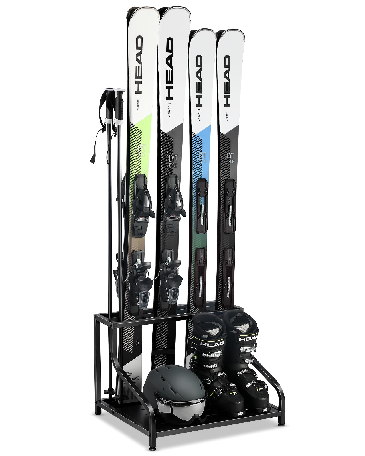 FHXZH ski storage rack in garage stores up to four pairs of skis for easy access.