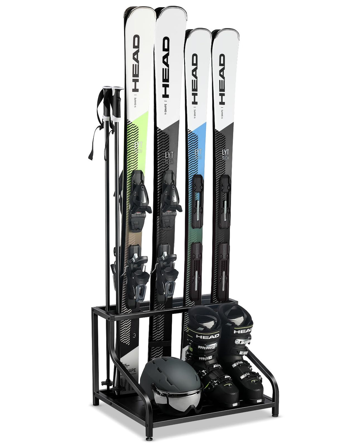 FHXZH ski storage rack in garage stores up to four pairs of skis for easy access.
