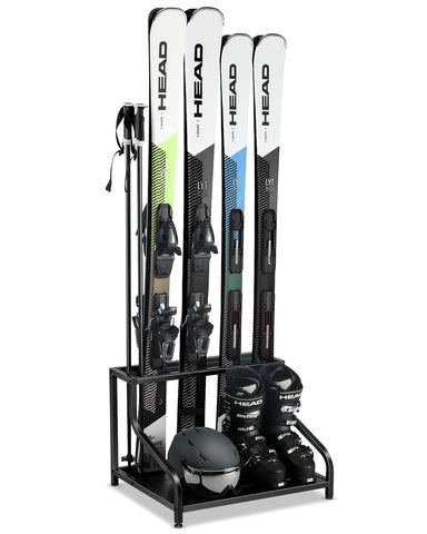 FHXZH ski storage rack in garage stores up to four pairs of skis for easy access.