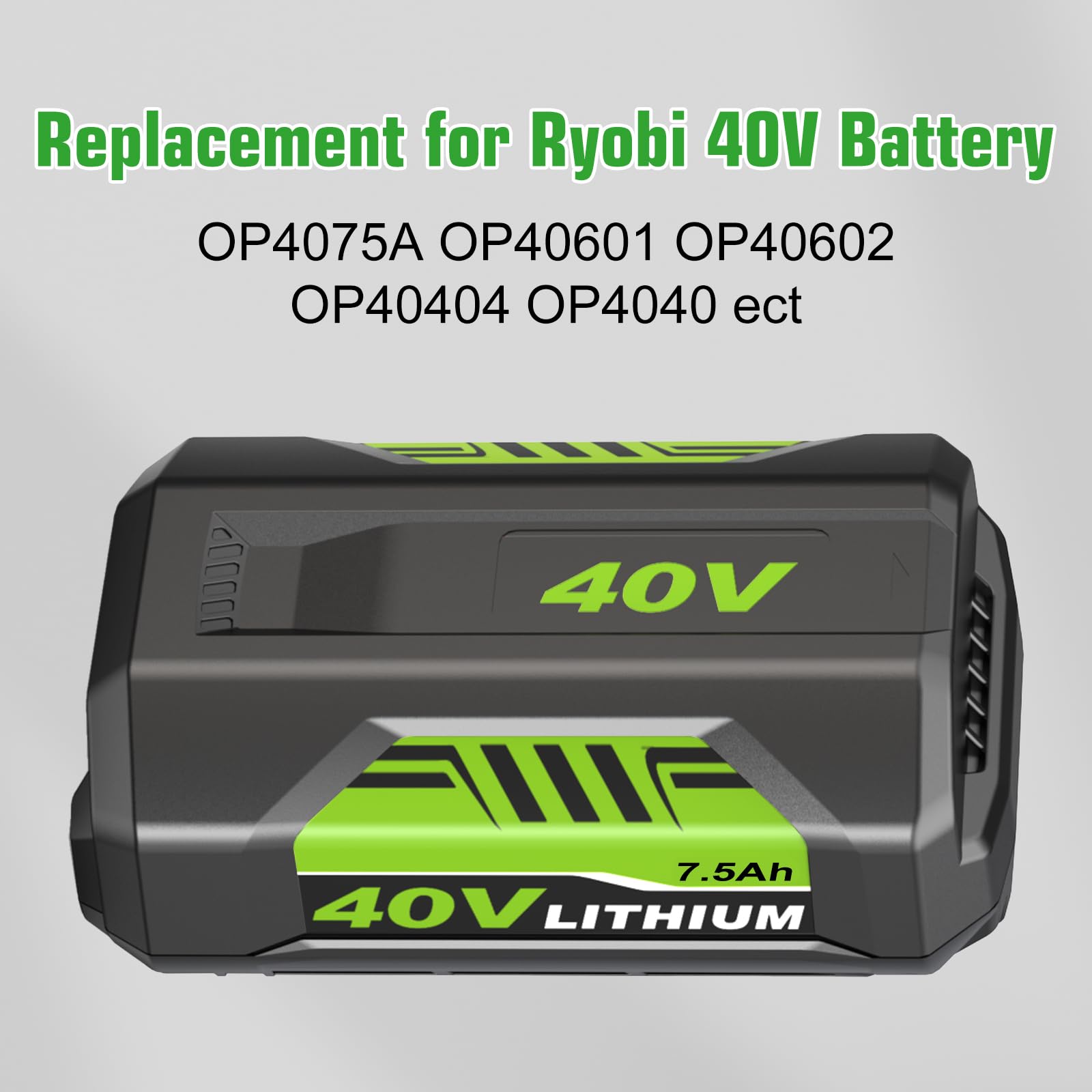 Fhybat Ryobi 40V battery for lawn care, mower, trimmer, and blower.